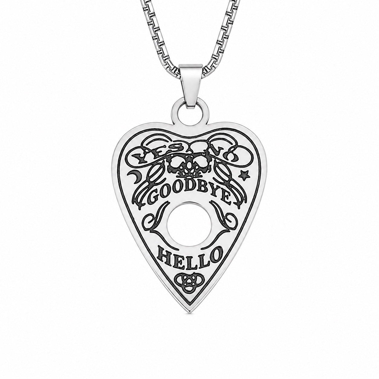 Ouija Planchette Pendant Necklace, Stainless Steel Engraved Spirit Board on 22" Chain, Mediumship and Veilcraft Talisman | The Moonlit Hollow