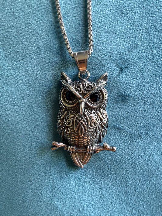 Owl Pendant Necklace, Stainless Steel Owl on 22" Chain, Wisdom and Inner Sight Talisman | The Moonlit Hollow