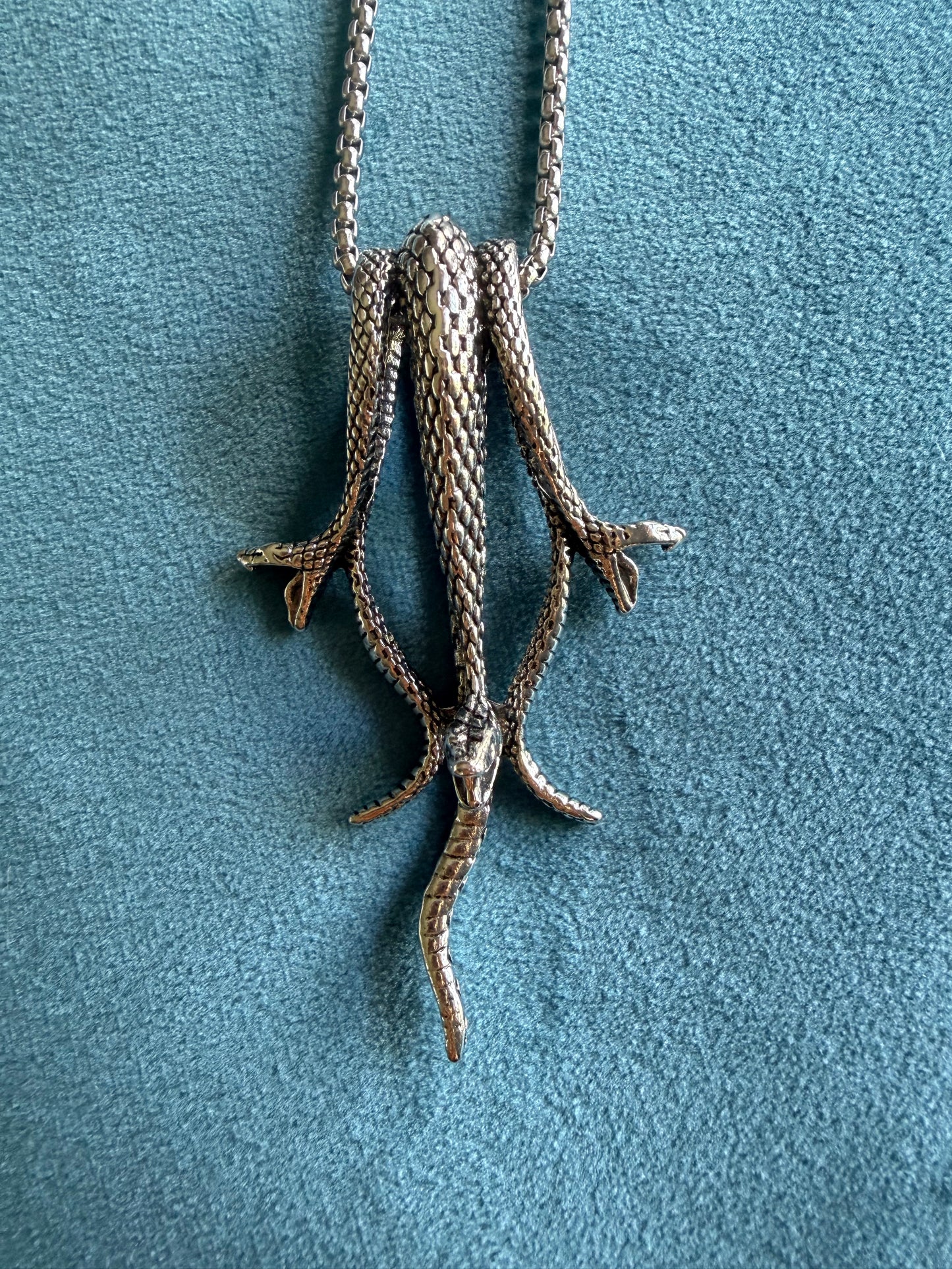 Triple Serpent Pendant, Stainless Steel Snake Necklace on 22" Chain, Transformation and Rebirth Talisman | The Moonlit Hollow