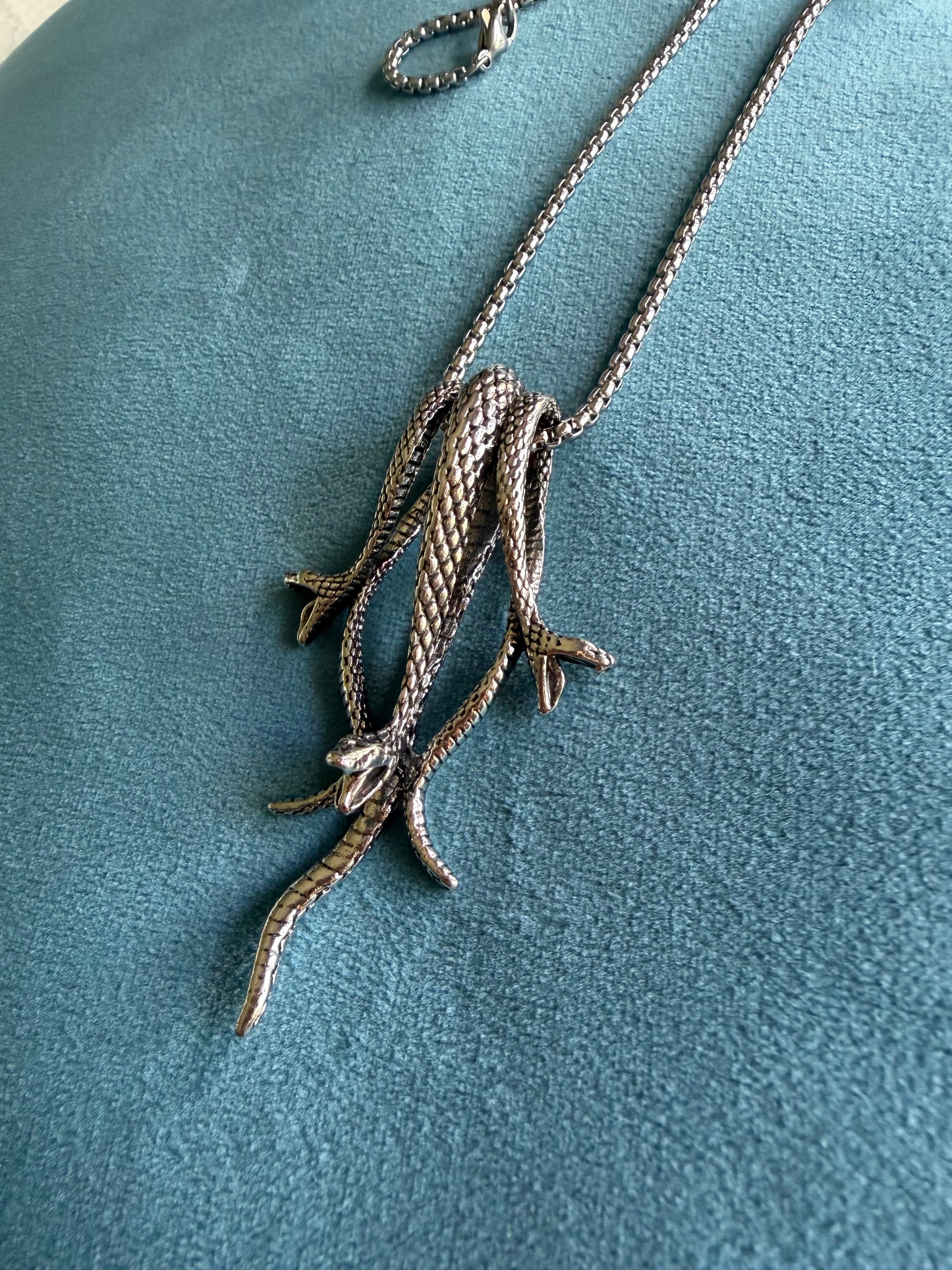Triple Serpent Pendant, Stainless Steel Snake Necklace on 22" Chain, Transformation and Rebirth Talisman | The Moonlit Hollow