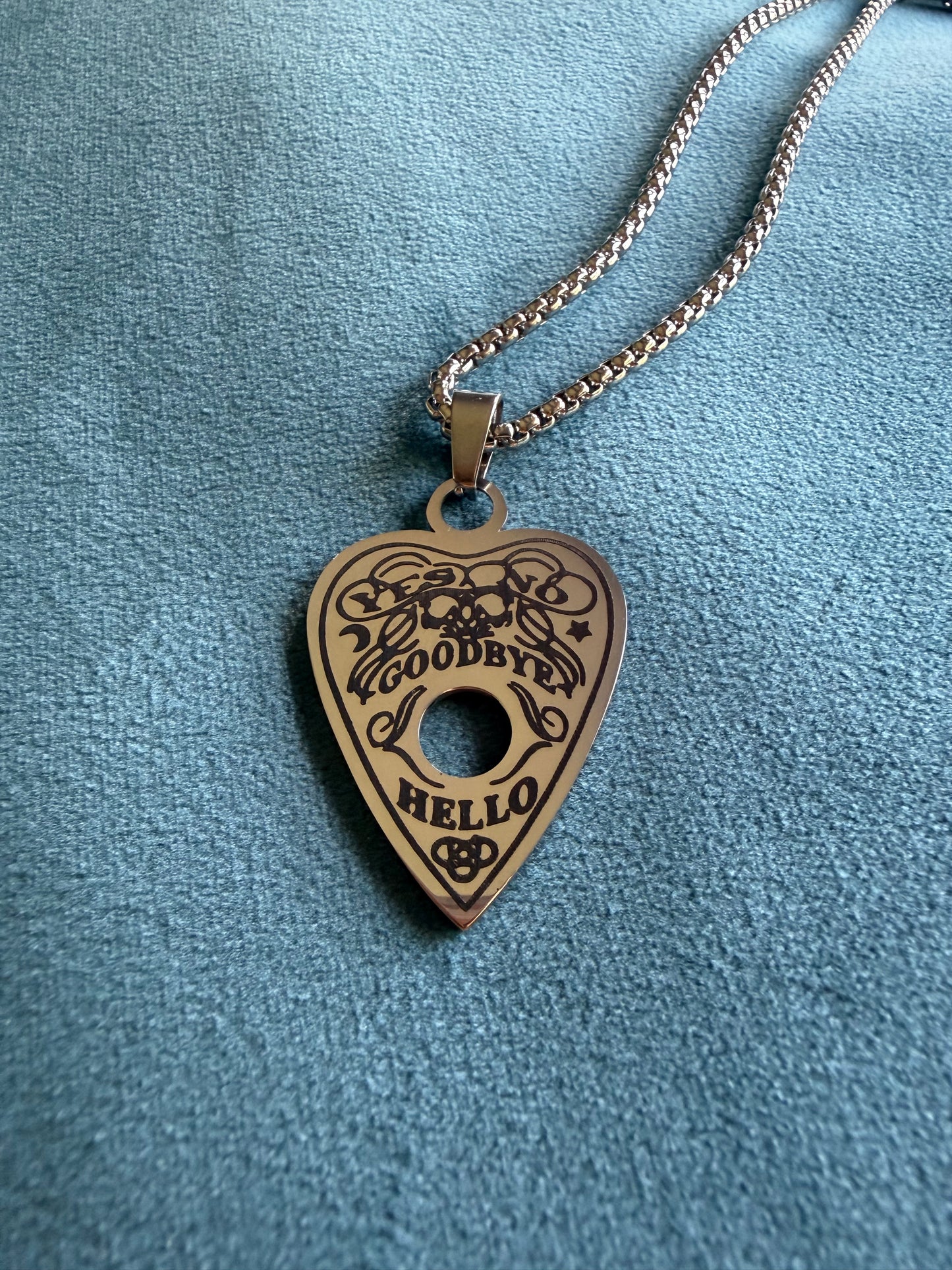 Ouija Planchette Pendant Necklace, Stainless Steel Engraved Spirit Board on 22" Chain, Mediumship and Veilcraft Talisman | The Moonlit Hollow