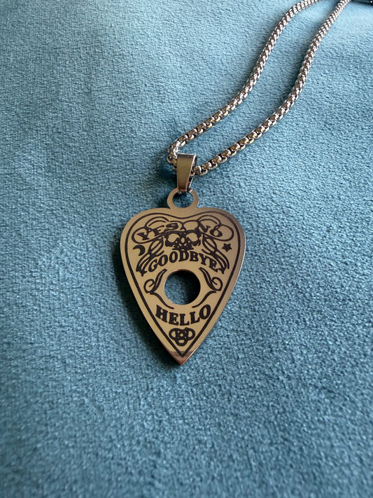 Ouija Planchette Pendant Necklace, Stainless Steel Engraved Spirit Board on 22" Chain, Mediumship and Veilcraft Talisman | The Moonlit Hollow