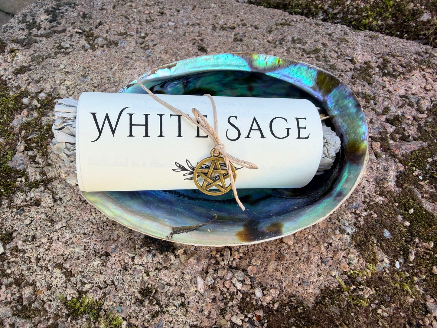 White Sage Smoke Clearing Kit | Abalone Shell, Hand-Wrapped Sage Bundle & Pentagram Charm | The Moonlit Hollow