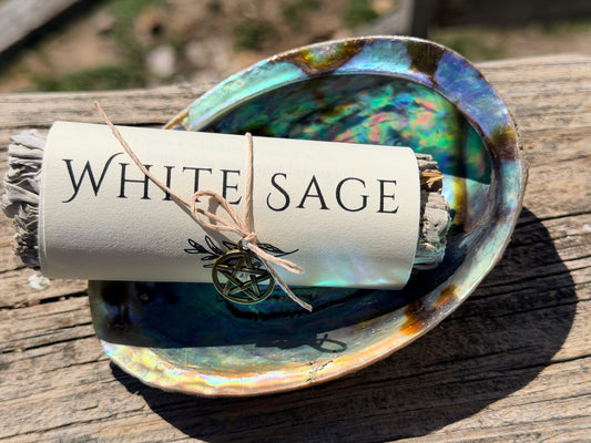 White Sage Smoke Clearing Kit | Abalone Shell, Hand-Wrapped Sage Bundle & Pentagram Charm | The Moonlit Hollow