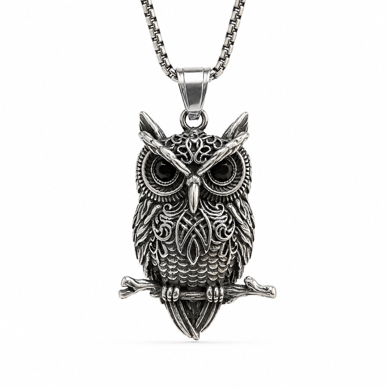 Owl Pendant Necklace, Stainless Steel Owl on 22" Chain, Wisdom and Inner Sight Talisman | The Moonlit Hollow
