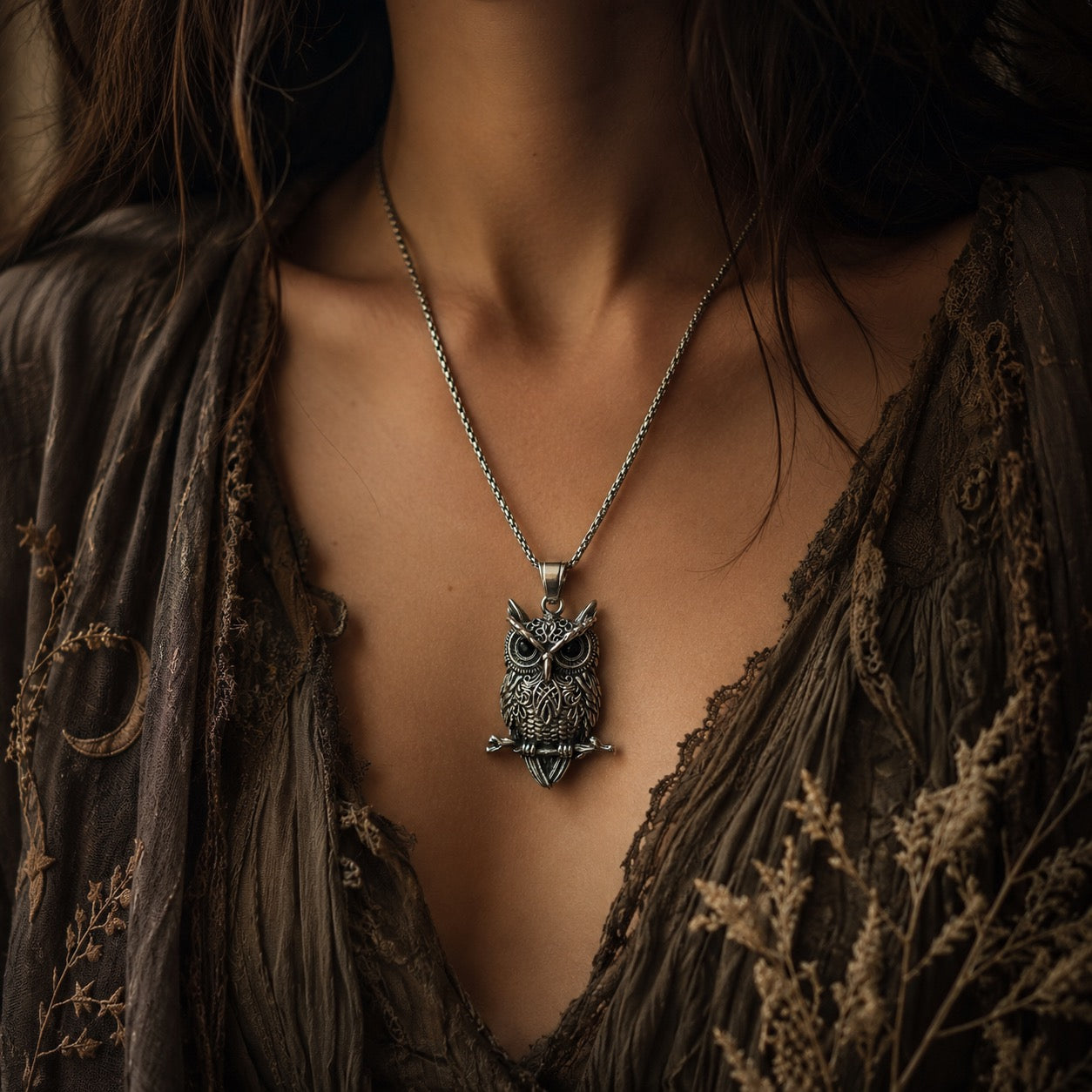 Owl Pendant Necklace, Stainless Steel Owl on 22" Chain, Wisdom and Inner Sight Talisman | The Moonlit Hollow