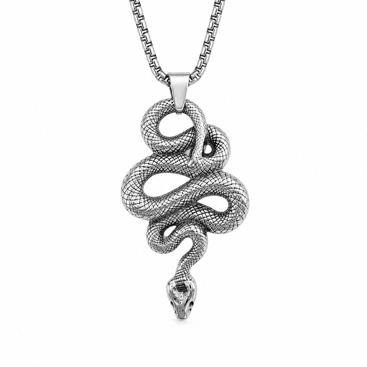 Serpent Pendant Necklace, Stainless Steel Coiled Snake on 22" Chain, Embodied Wisdom and Awakening Talisman | The Moonlit Hollow