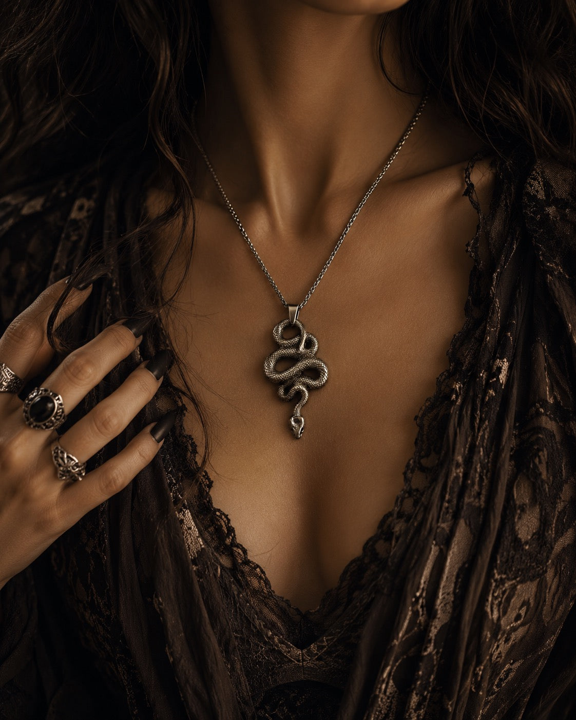 Serpent Pendant Necklace, Stainless Steel Coiled Snake on 22" Chain, Embodied Wisdom and Awakening Talisman | The Moonlit Hollow